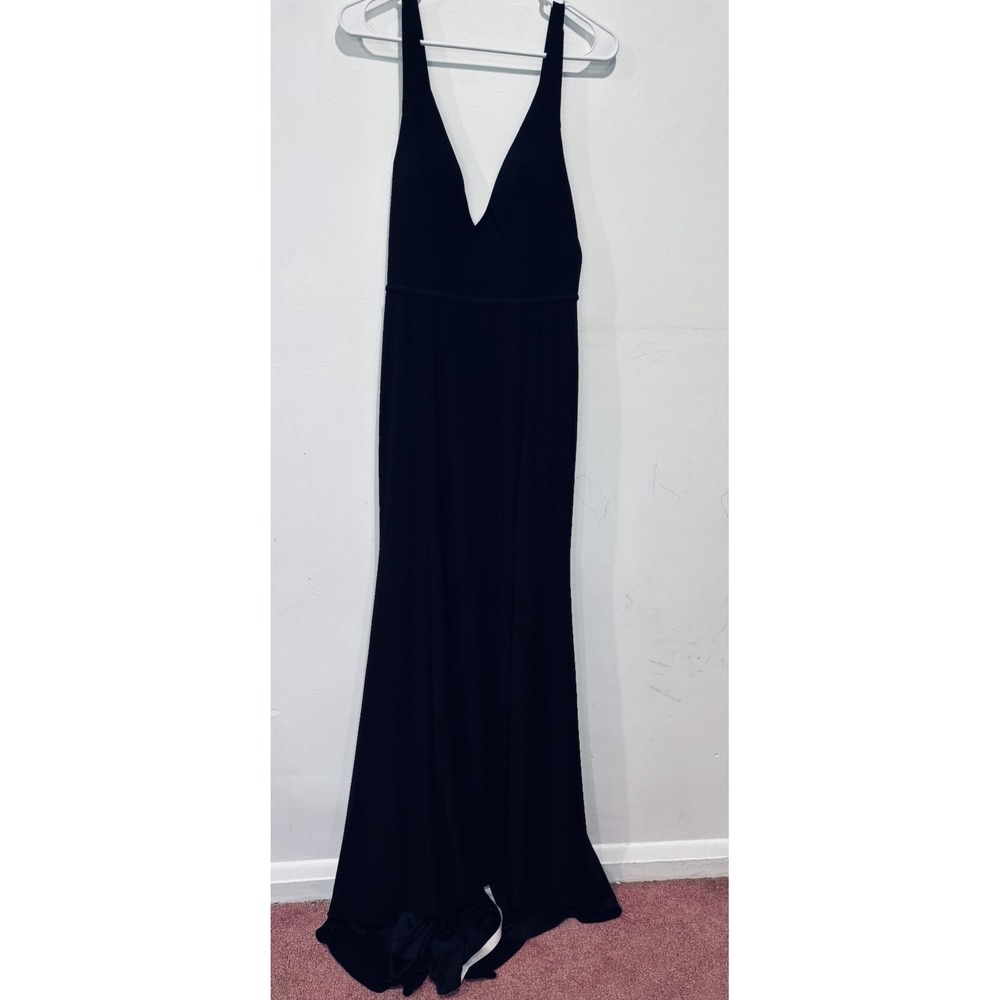 Ieena for Mac Duggal 4 Black Chiffon V-Neck Sleeveless Wrap Slit Zip Maxi Gown - Picture 6 of 9